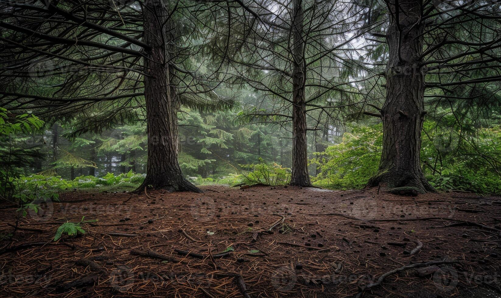 A serene woodland scene with a carpet of cedar needles photo