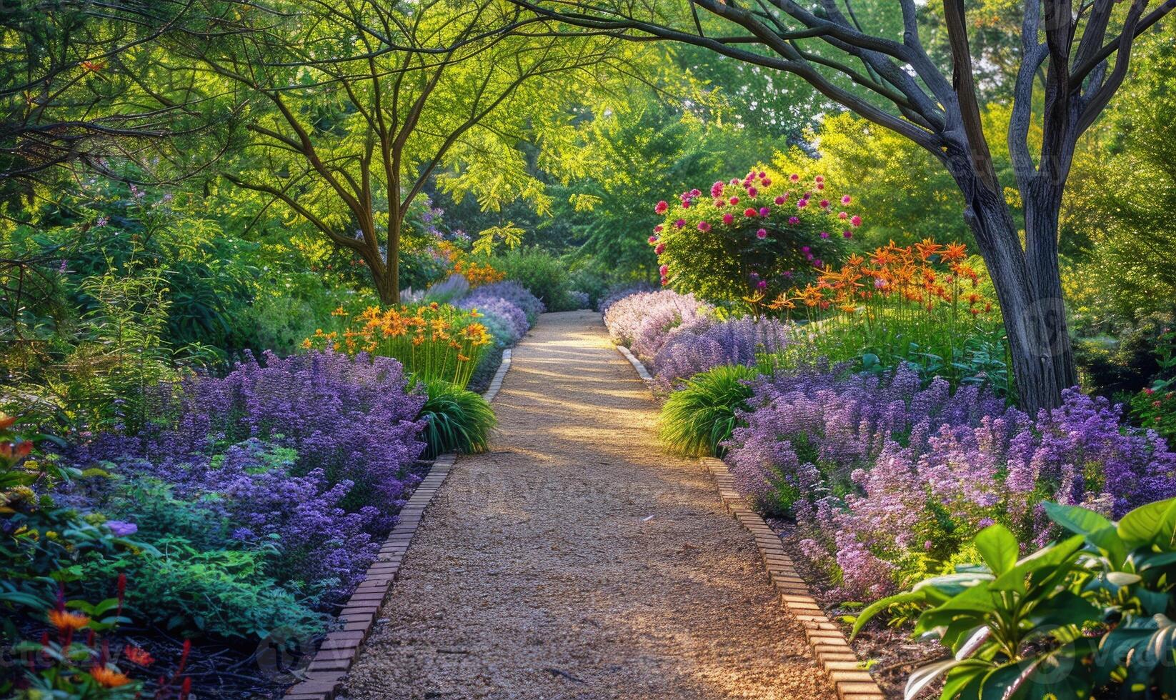 A serene garden path lined with lavender flowers photo