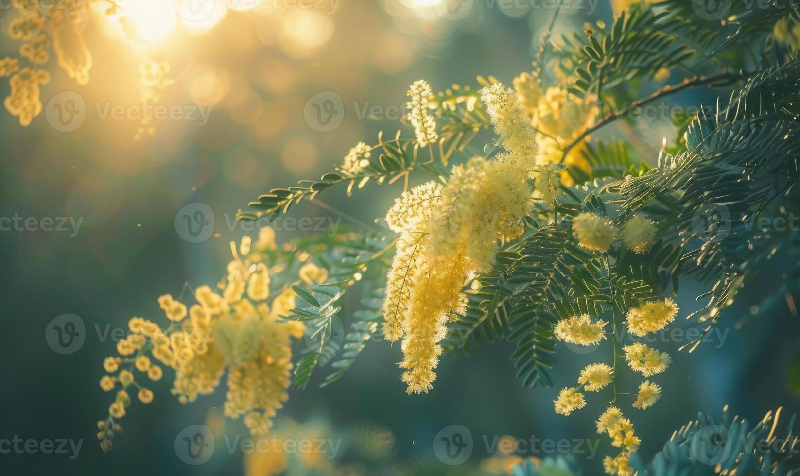 Closeup view of yellow mimosa flower branch with bokeh background photo