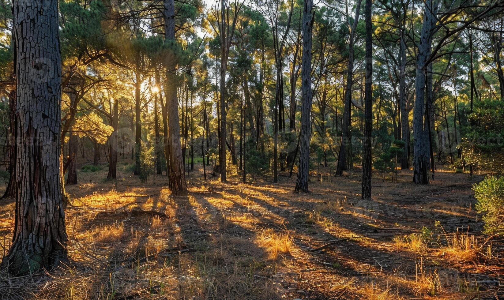 un tranquilo pino bosque, con luz de sol filtración mediante el denso pabellón foto