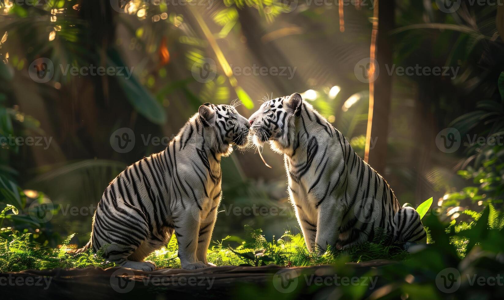 A pair of white tigers playfully frolicking in a sunlit clearing photo