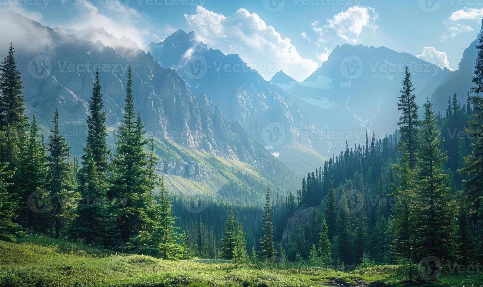 A picturesque mountain landscape with towering pine trees lining the rugged slopes photo