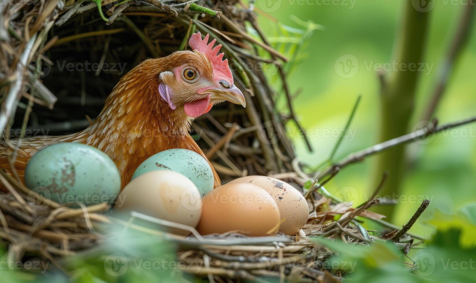 A hen guarding her freshly laid eggs in a nest photo