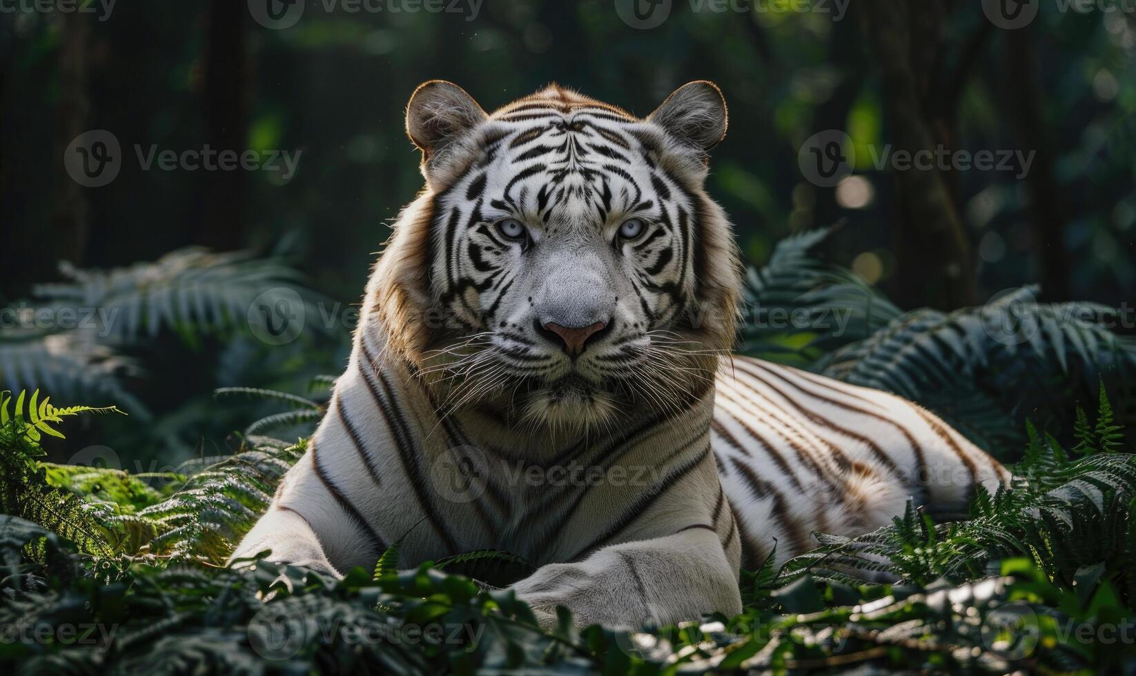 White tiger in green lush closeup portrait photo