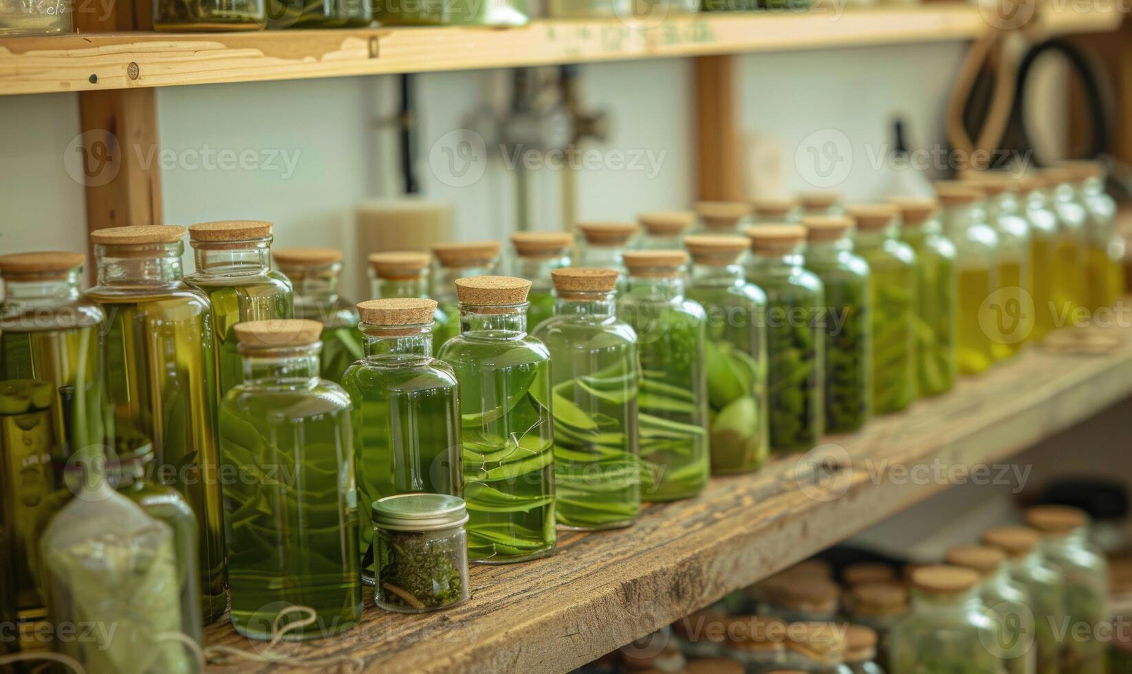 un boticario taller lleno con frascos de naturaleza cosmético con áloe foto