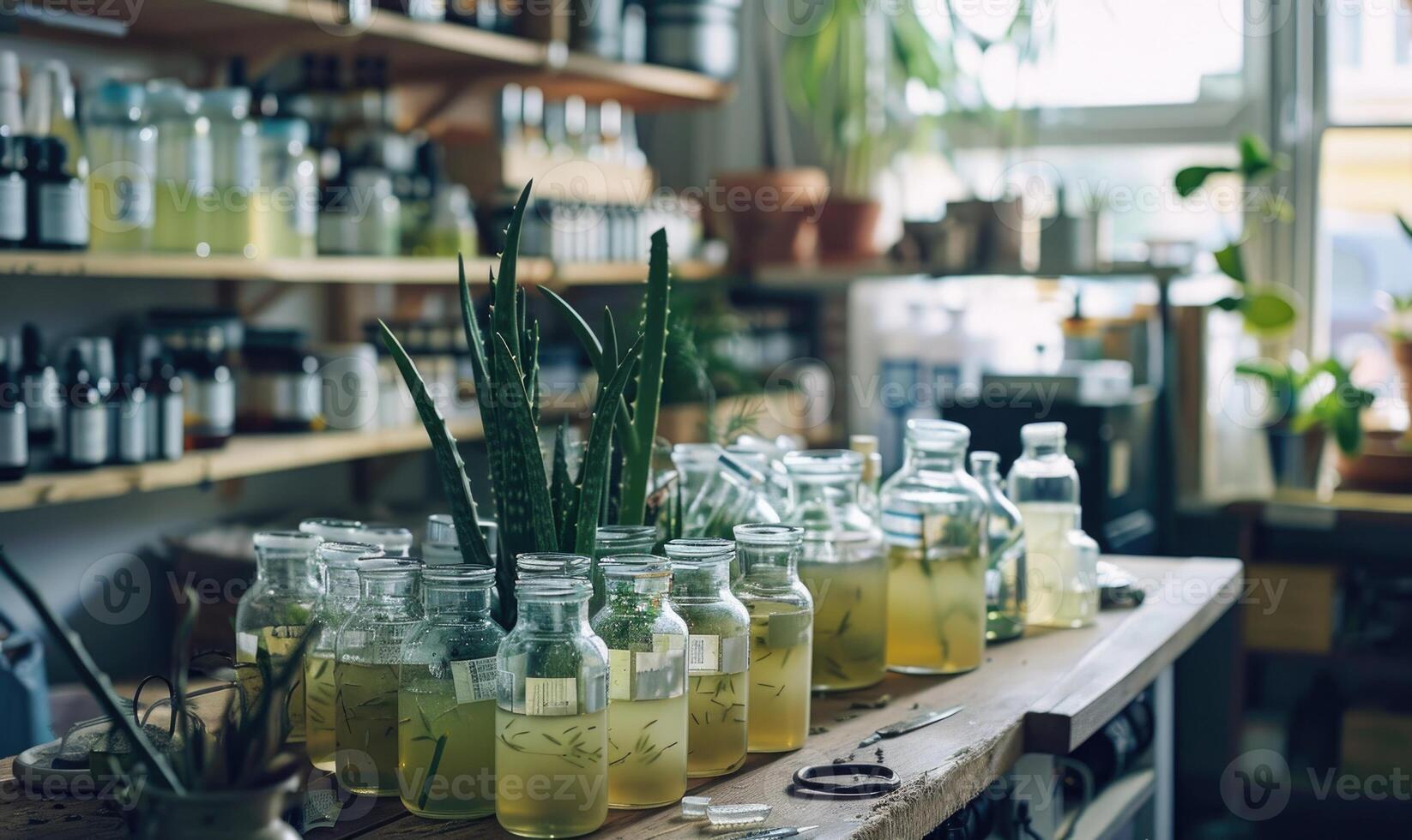 un boticario taller lleno con frascos de naturaleza cosmético con áloe foto