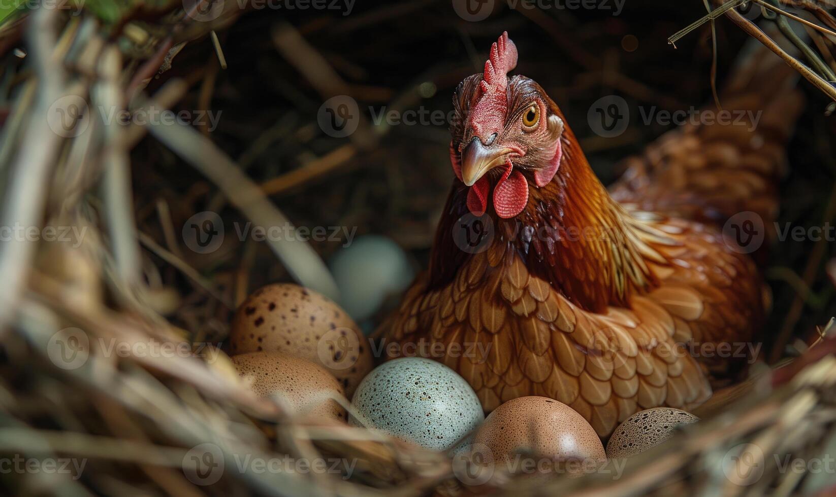 A hen guarding her freshly laid eggs in a nest photo