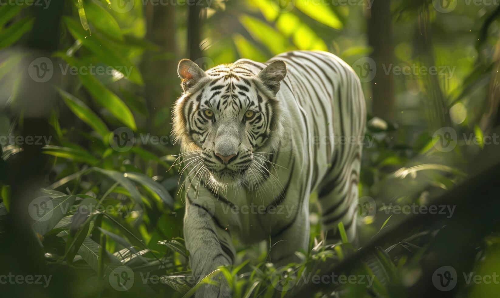 A white tiger prowling through the dense foliage of its natural habitat photo