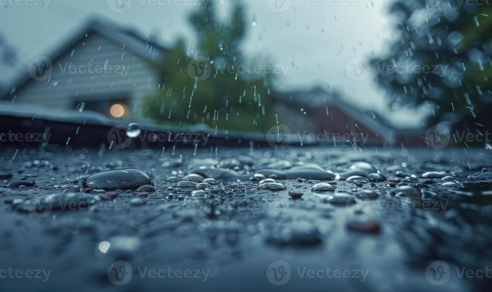 Raindrops cascading off the edge of a rooftop during a heavy downpour photo