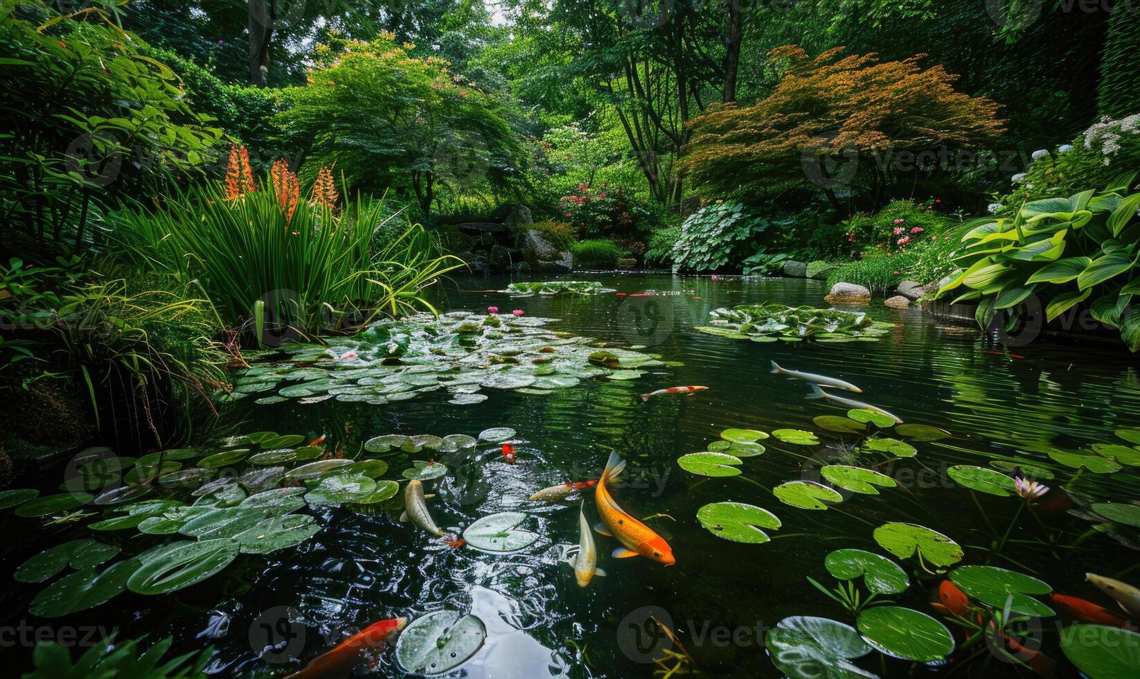 A garden pond adorned with koi fish swimming among water lilies and lush greenery photo