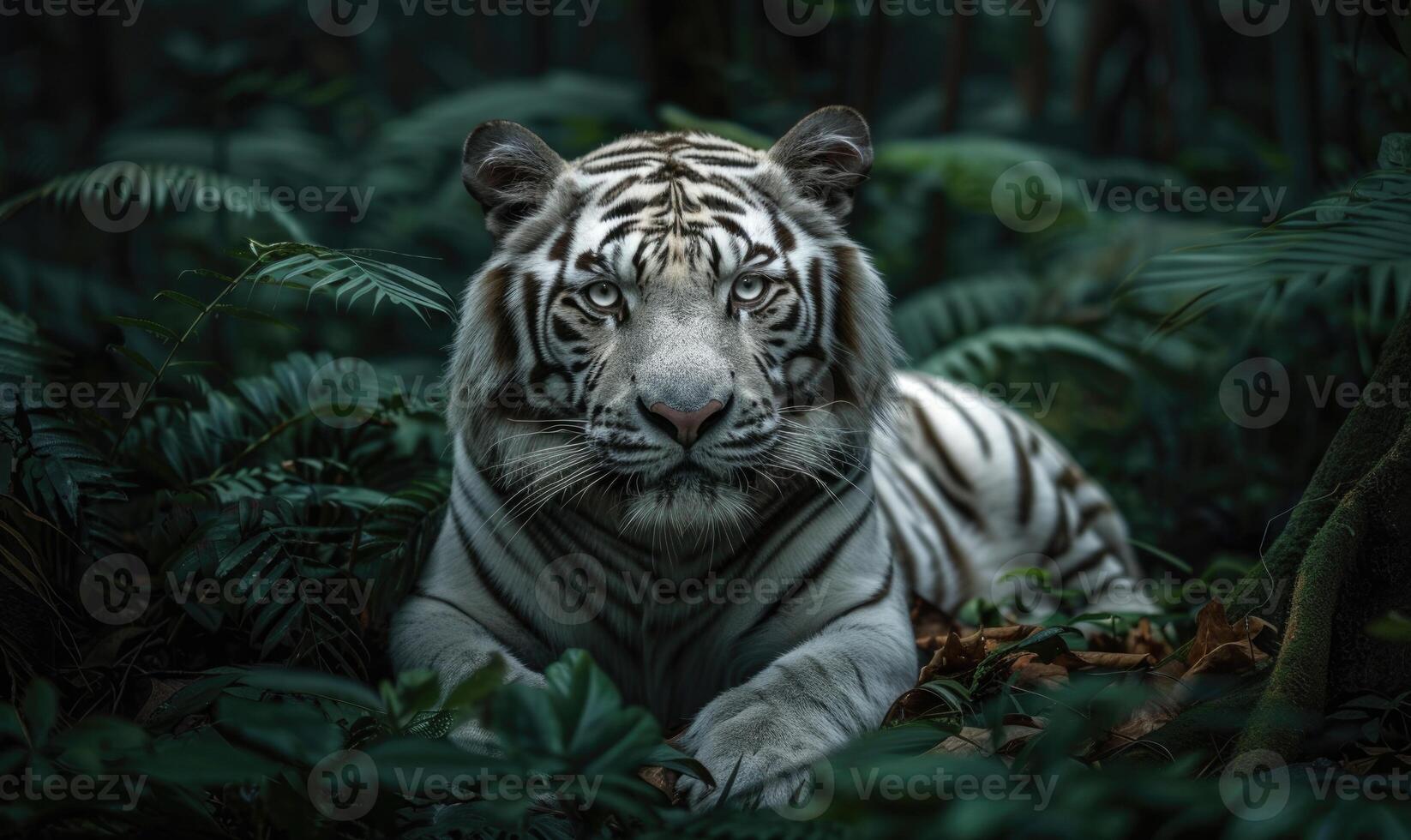 White tiger in green lush closeup portrait photo