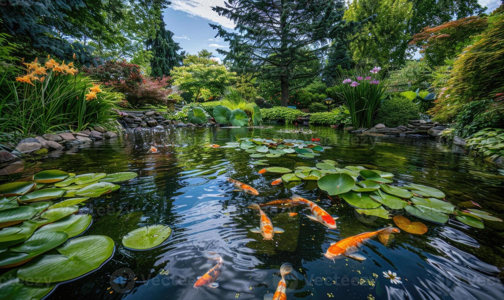 A garden pond adorned with koi fish swimming among water lilies and lush greenery photo