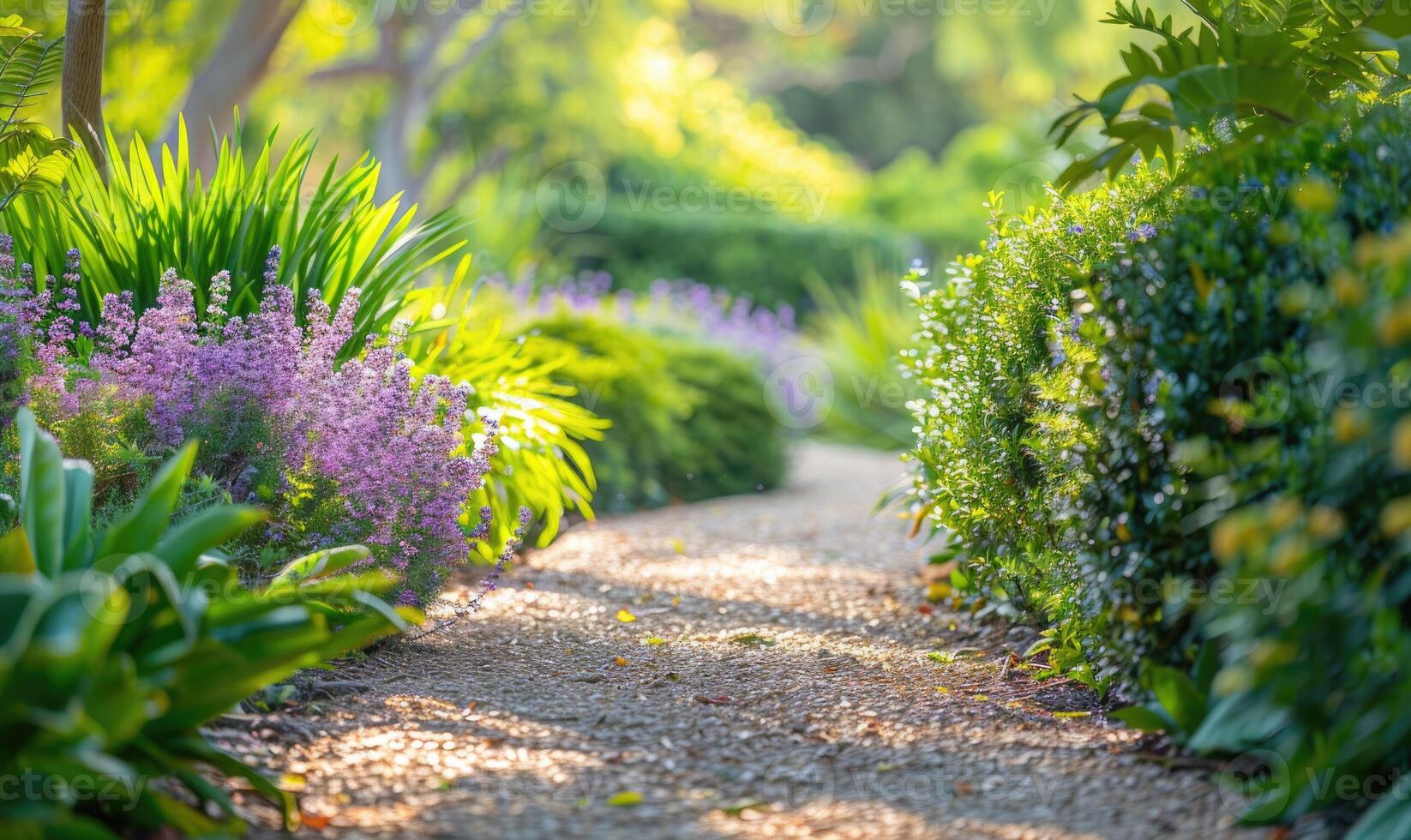 un sereno jardín camino forrado con lavanda flores foto