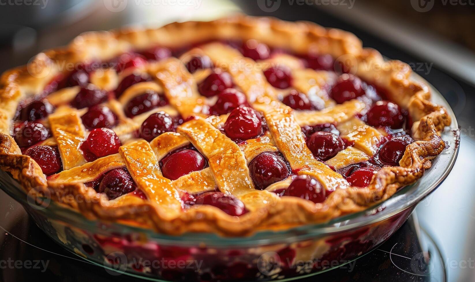 Closeup view of cherry pie with fresh cherries photo