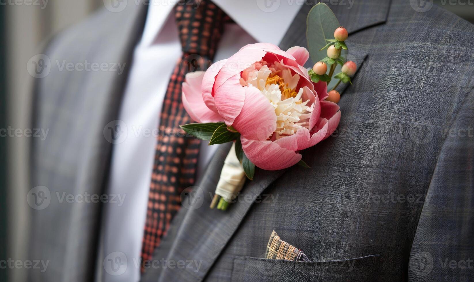 A peony boutonniere pinned to a groom's suit jacket photo