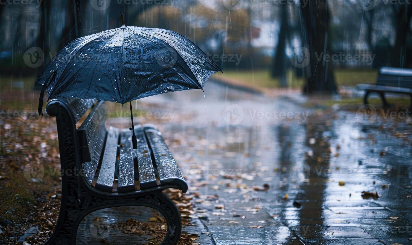 A lone umbrella on a wet park bench during in the rain photo