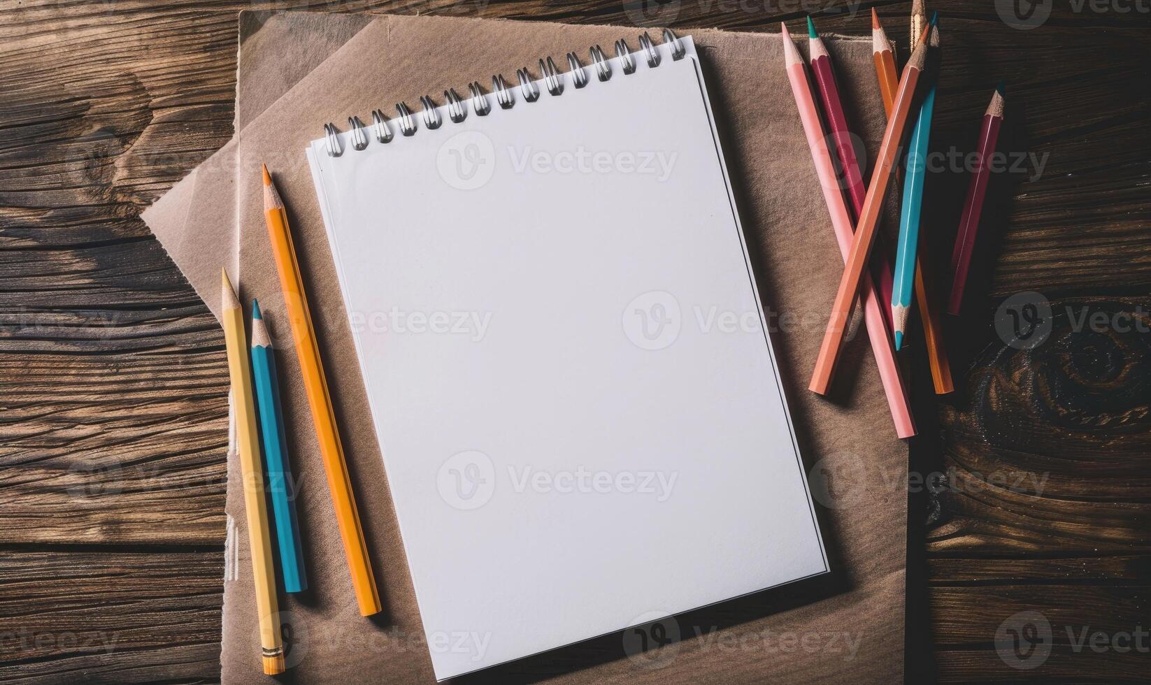 A sketchbook open to a blank page with graphite pencils beside it photo