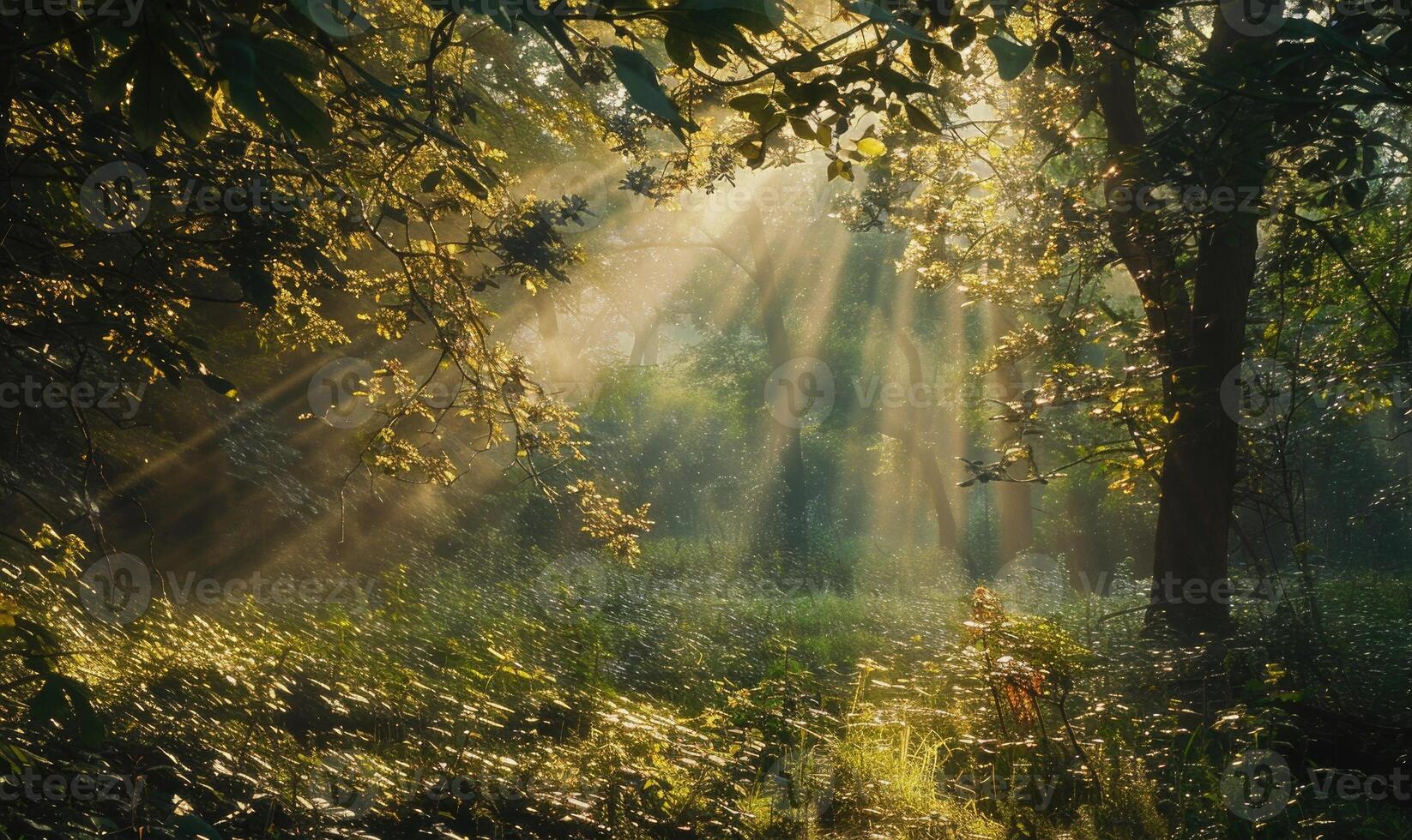 A peaceful woodland scene with sunlight filtering through the trees photo