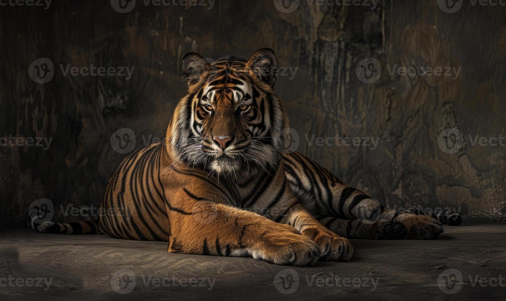 A Sumatran tiger lounging in a relaxed pose against a studio backdrop photo