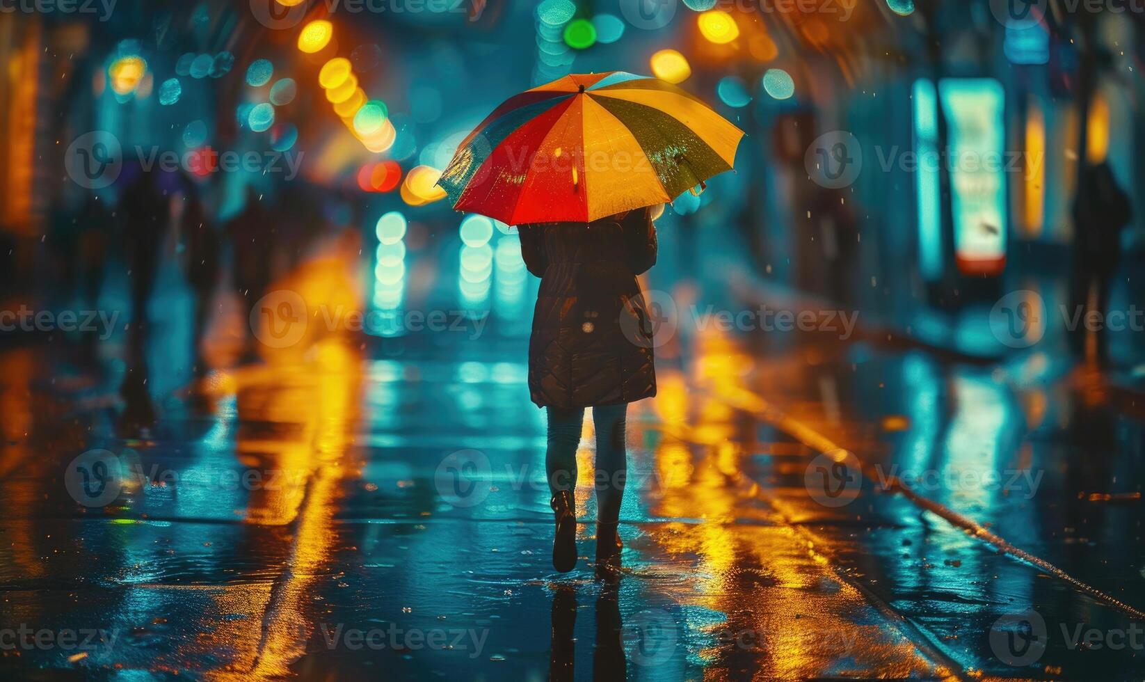 A person standing under a colorful umbrella photo