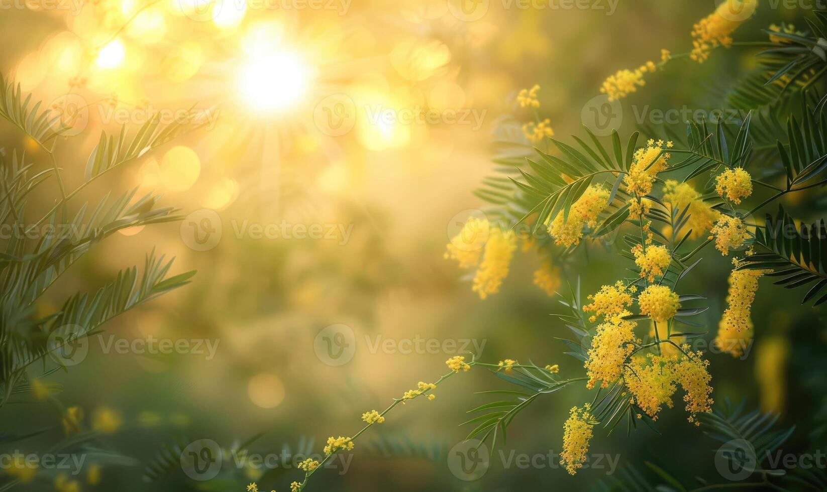 Closeup view of yellow mimosa flower branch with bokeh background photo