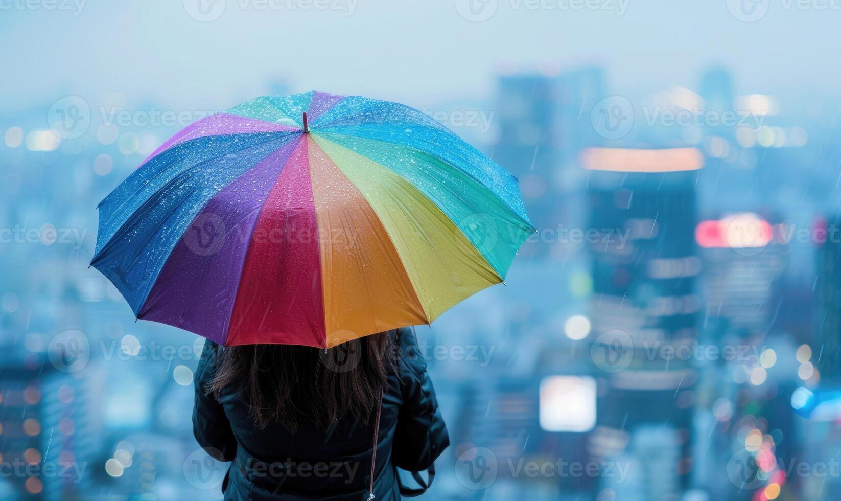 A person standing under a colorful umbrella photo