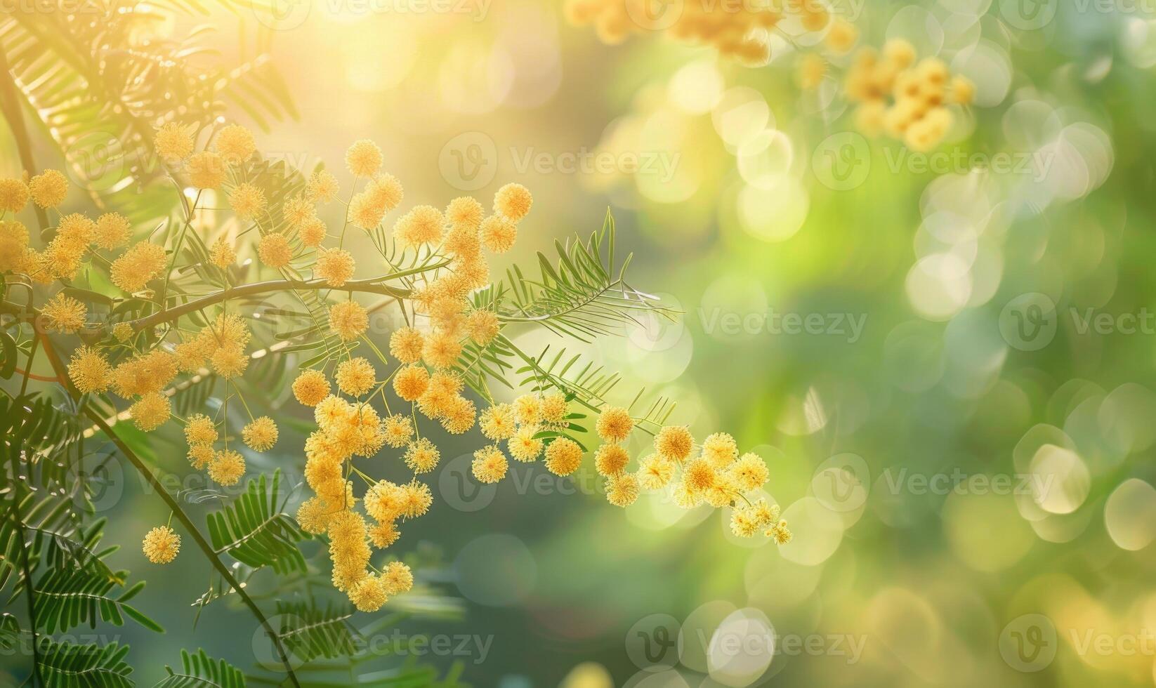 Closeup view of yellow mimosa flower branch with bokeh background photo