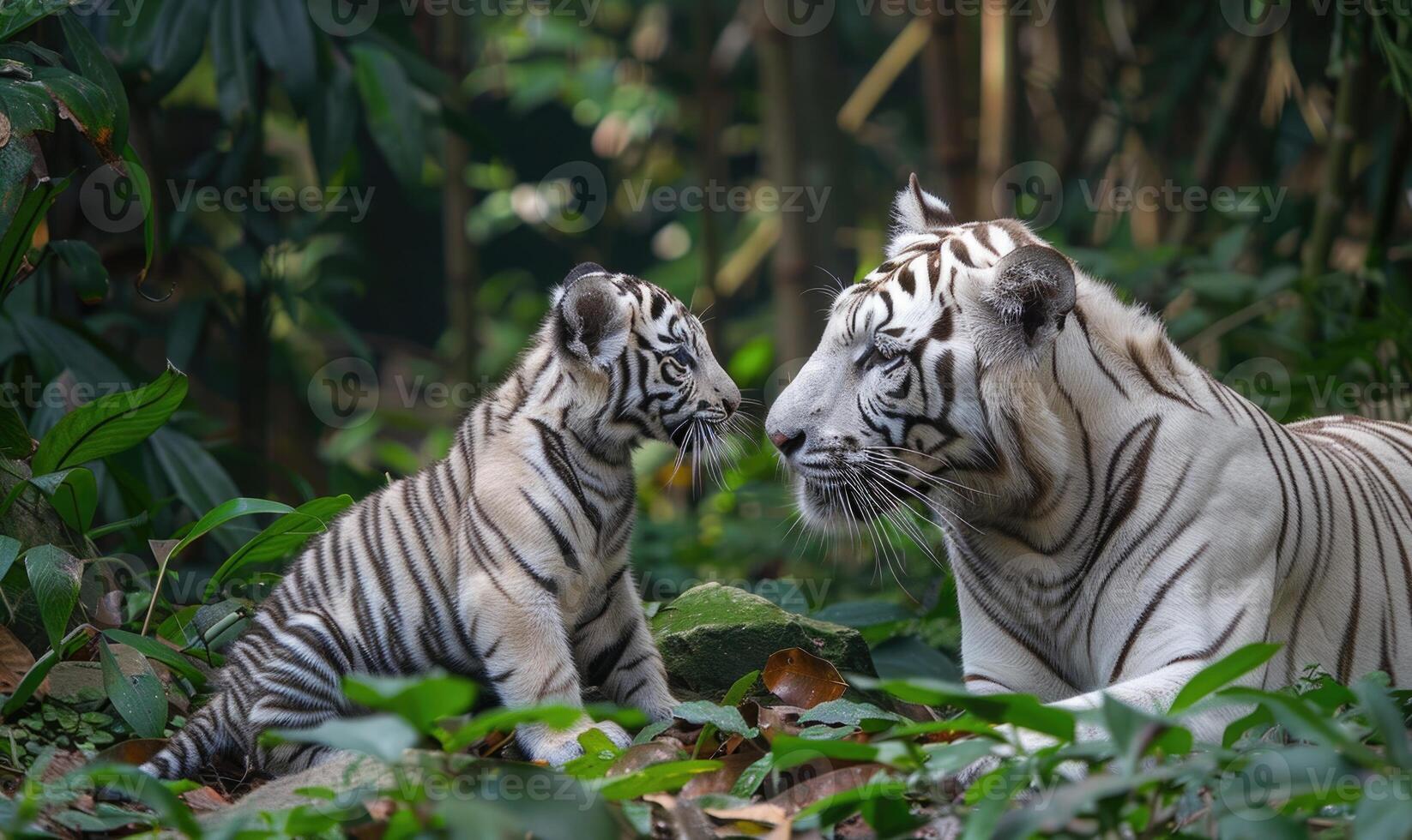 White tiger with cubs in the forest photo