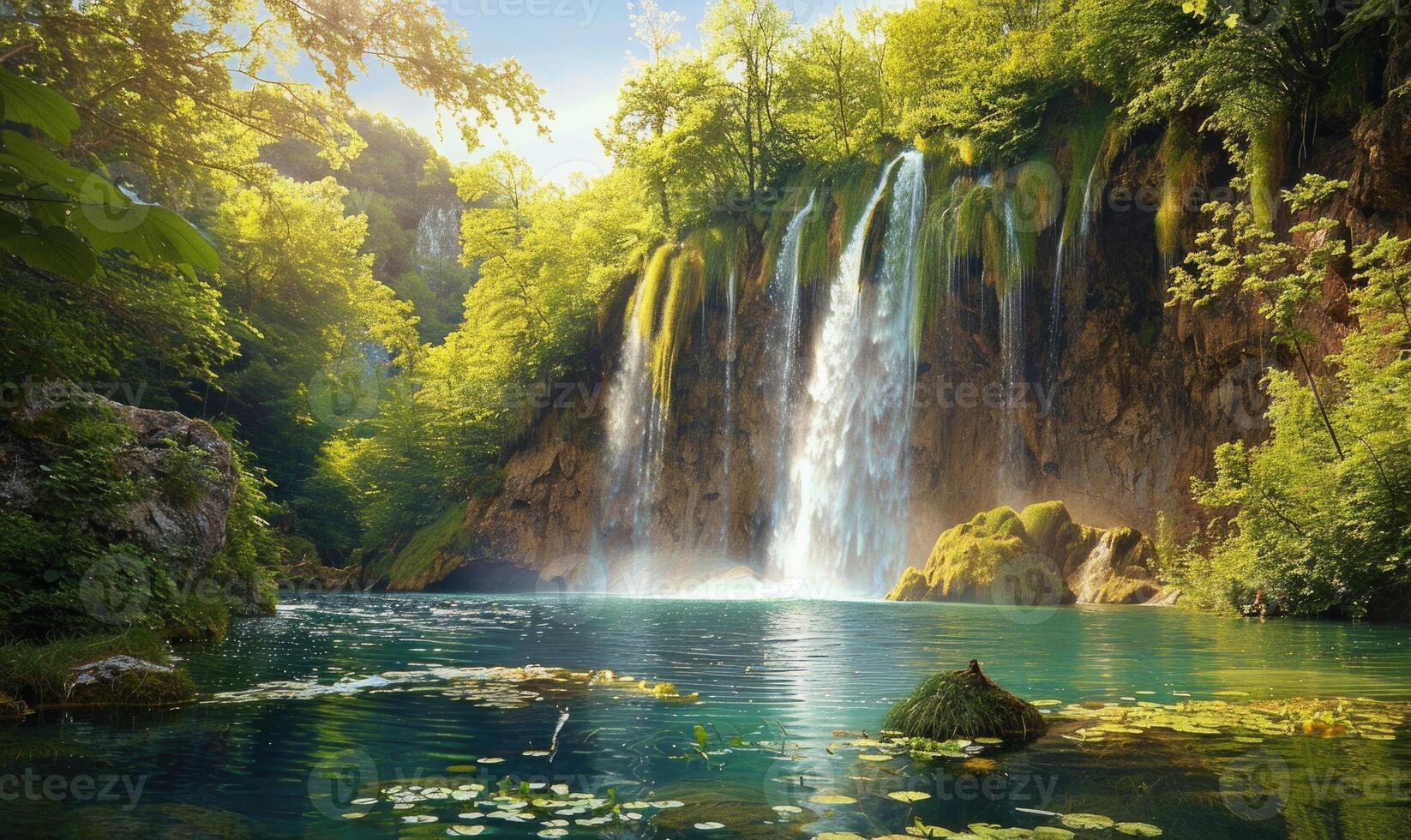 A picturesque waterfall cascading into a spring-fed lake photo