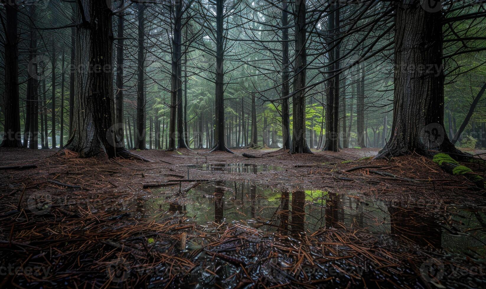 un sereno bosque escena con un alfombra de cedro agujas foto