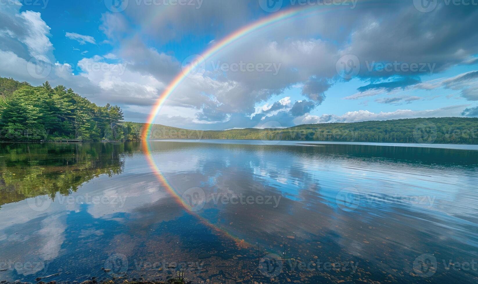 A vibrant rainbow stretching across the sky after a passing rain shower photo