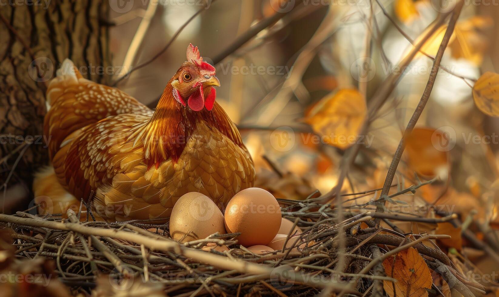 A hen guarding her freshly laid eggs in a nest photo