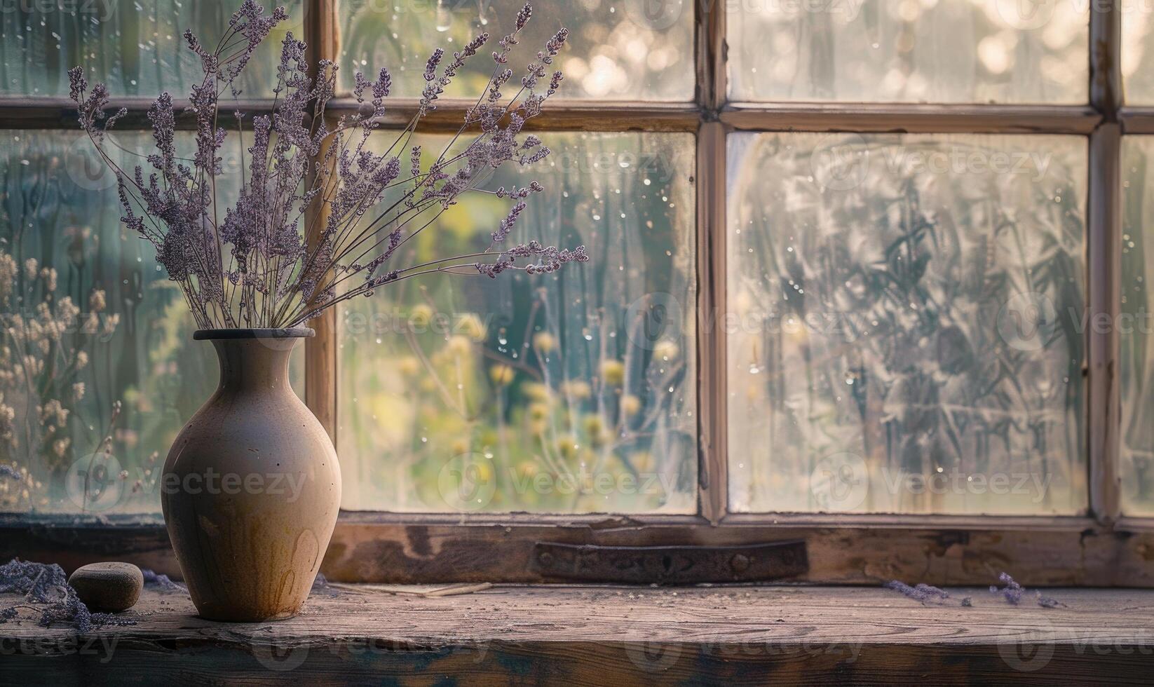 A vintage window sill with a ceramic vase containing lavender flower photo