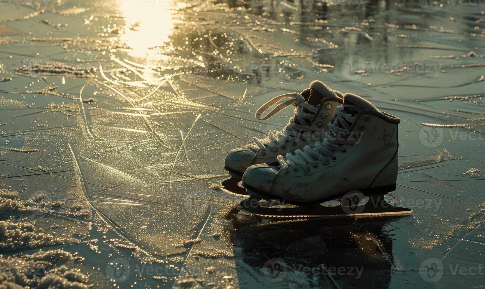 A pair of ice skates on the frozen surface of a lake photo