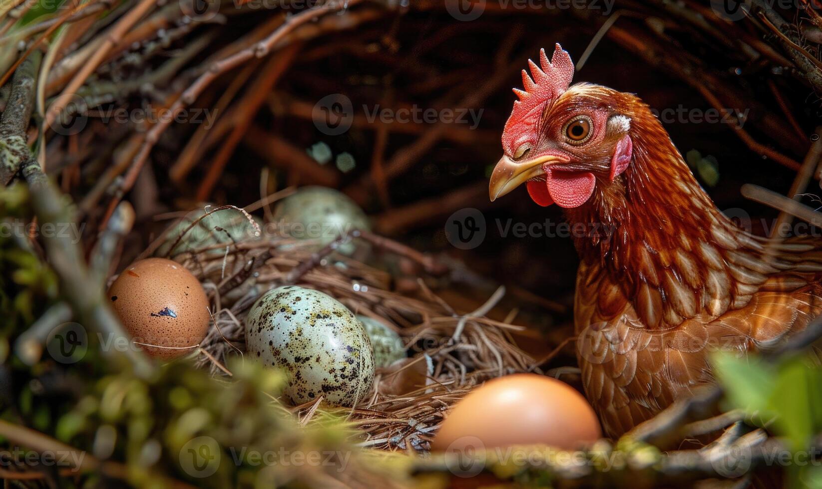 un gallina guardando su recién puesto huevos en un nido foto