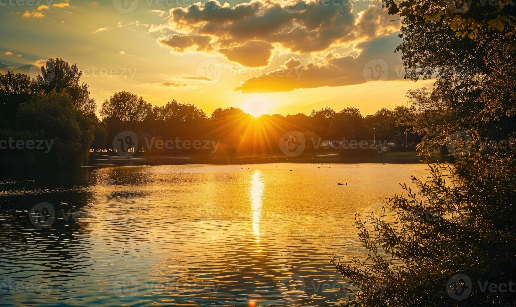 A summer sunset casting warm hues over the peaceful lake photo