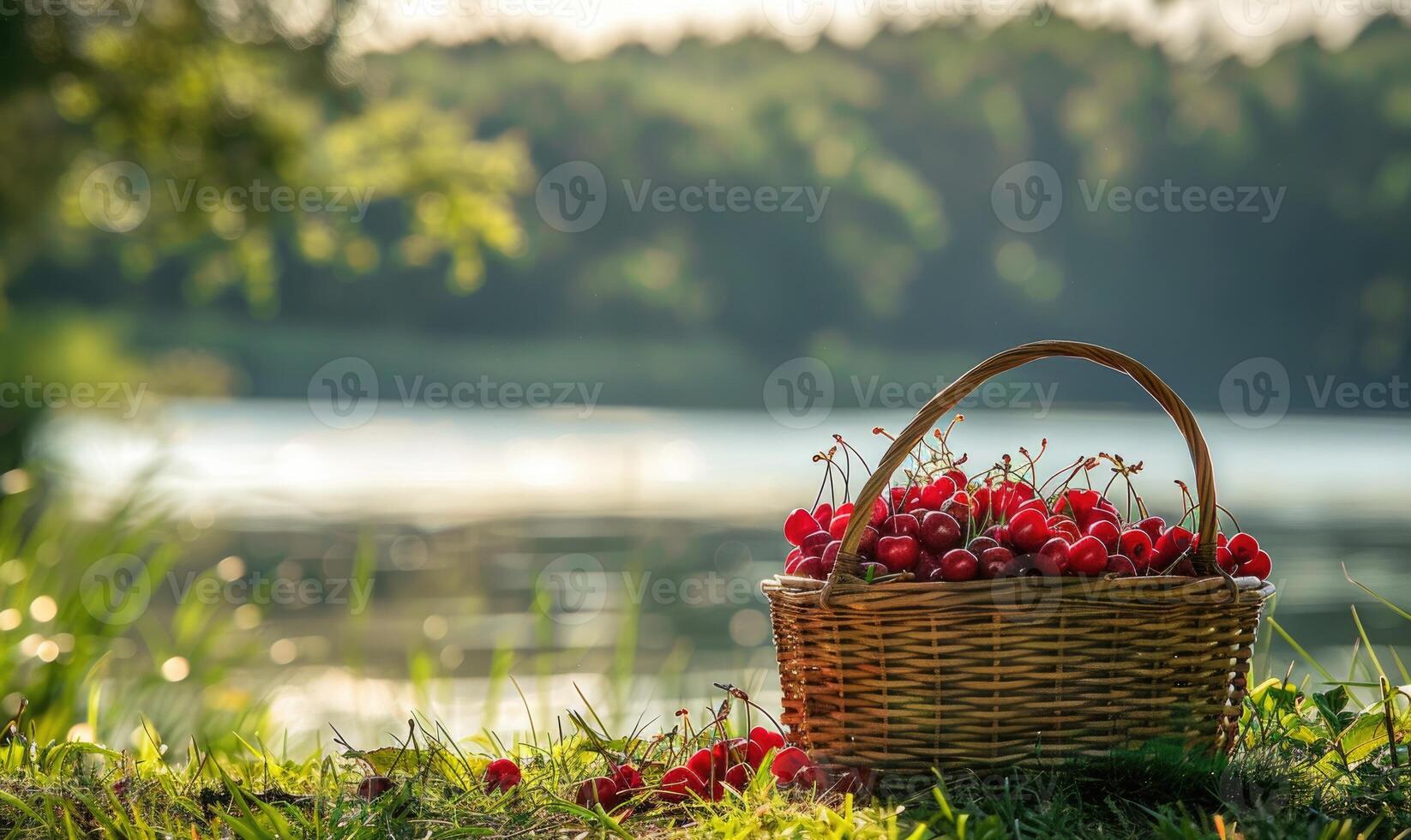 A serene lakeside picnic spot with a basket of ripe cherries photo