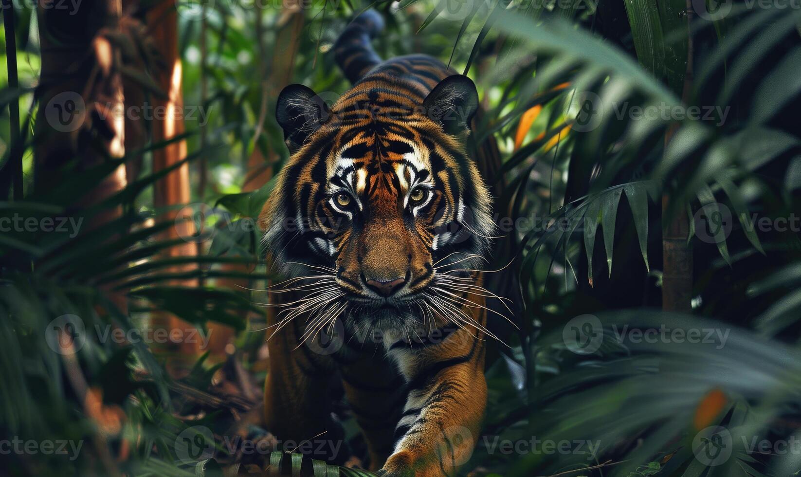 A Sumatran tiger in jungle foliage photo
