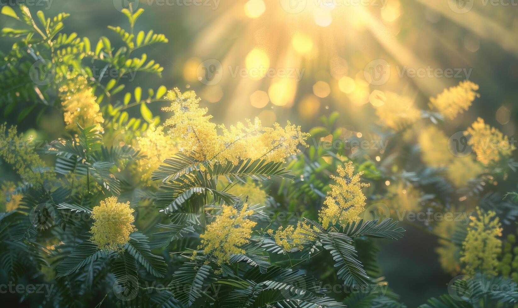Closeup view of yellow mimosa flower branch with bokeh background photo