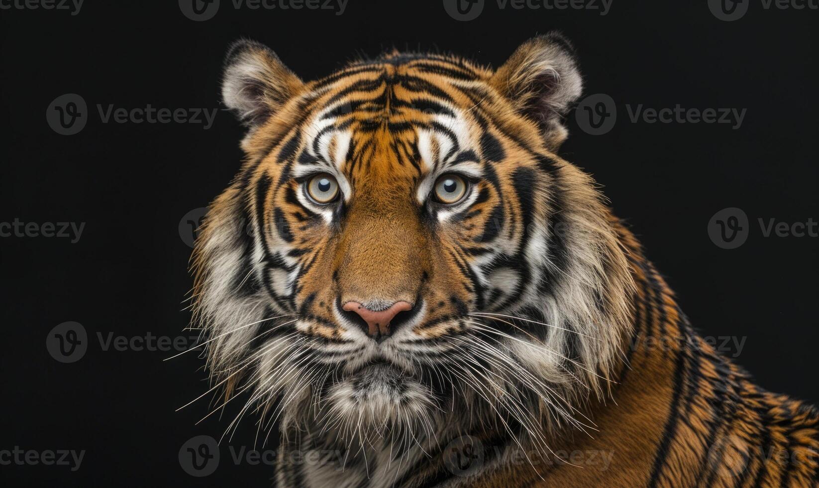 Close-up of a Bengal-Siberian tiger hybrid in studio lighting, tiger on black background photo