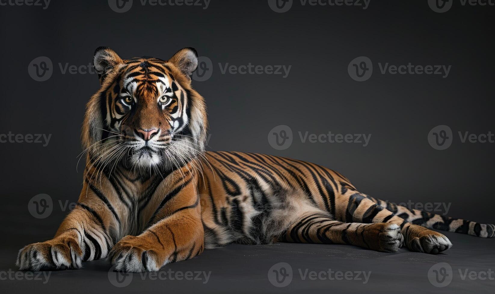 A Sumatran tiger lounging in a relaxed pose against a studio backdrop photo