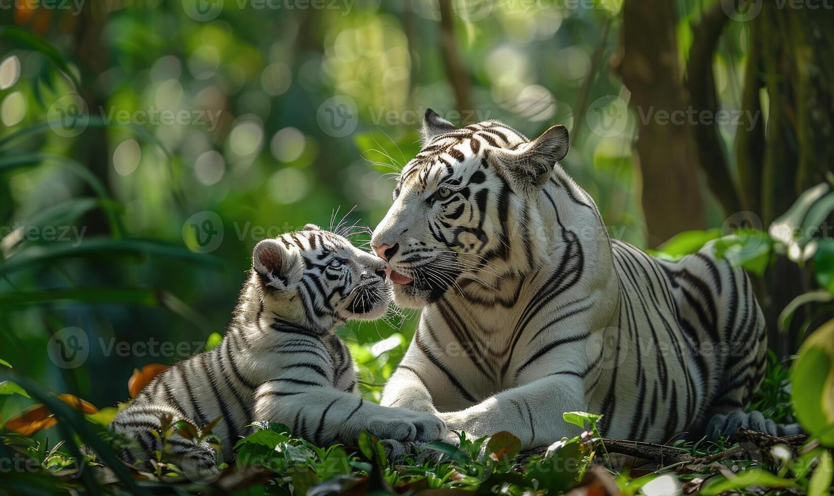 White tiger with cubs in the forest photo