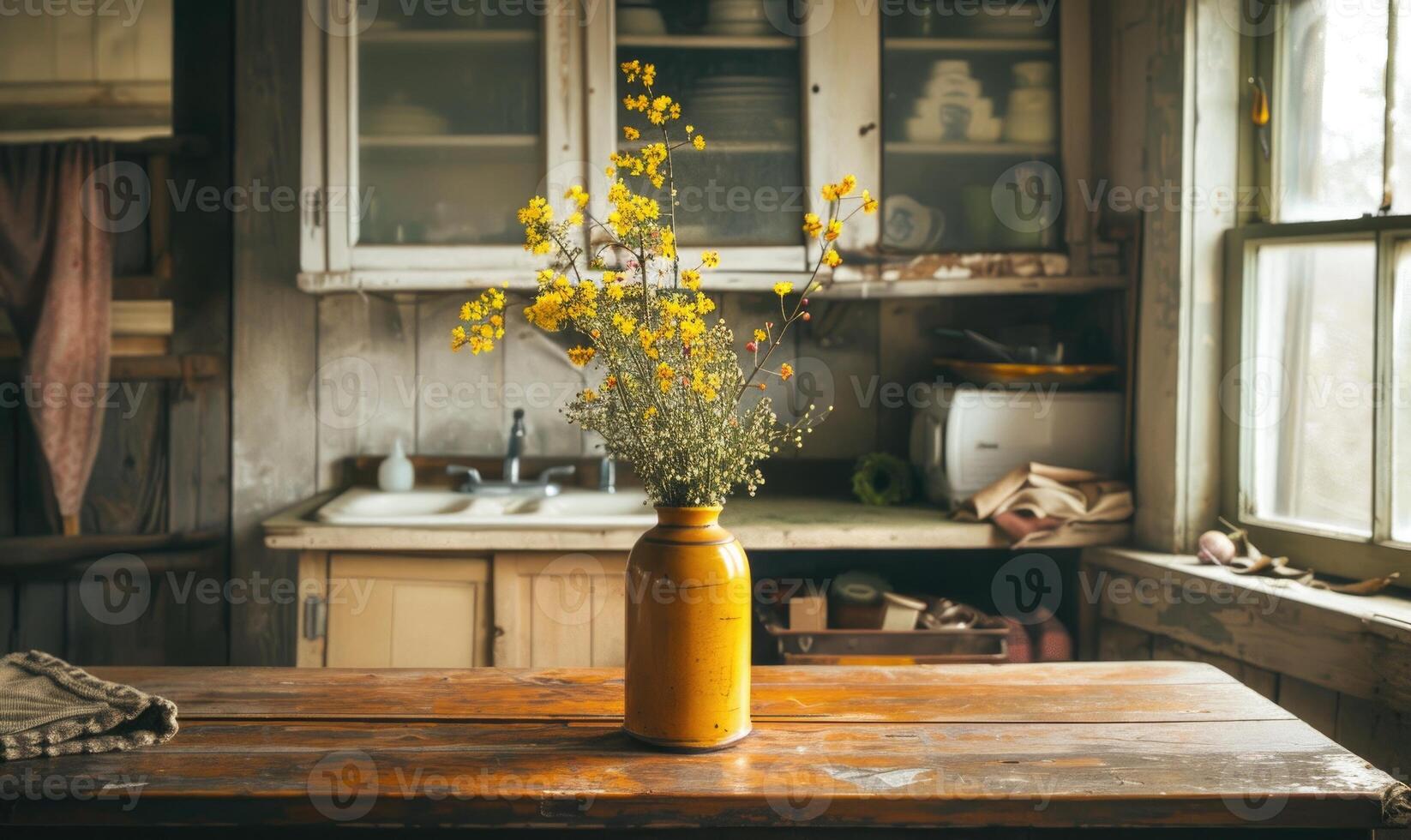 An old farmhouse kitchen with a simple enamel vase with yellow wild flowers photo