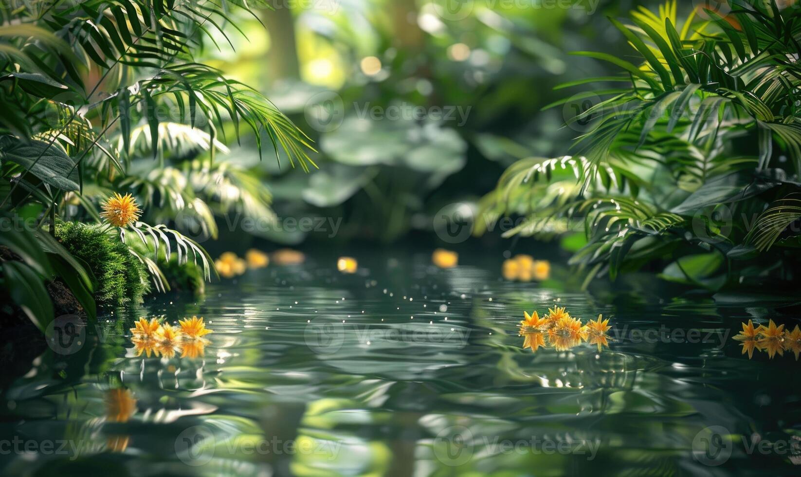 un tranquilo estanque rodeado por lozano verdor foto