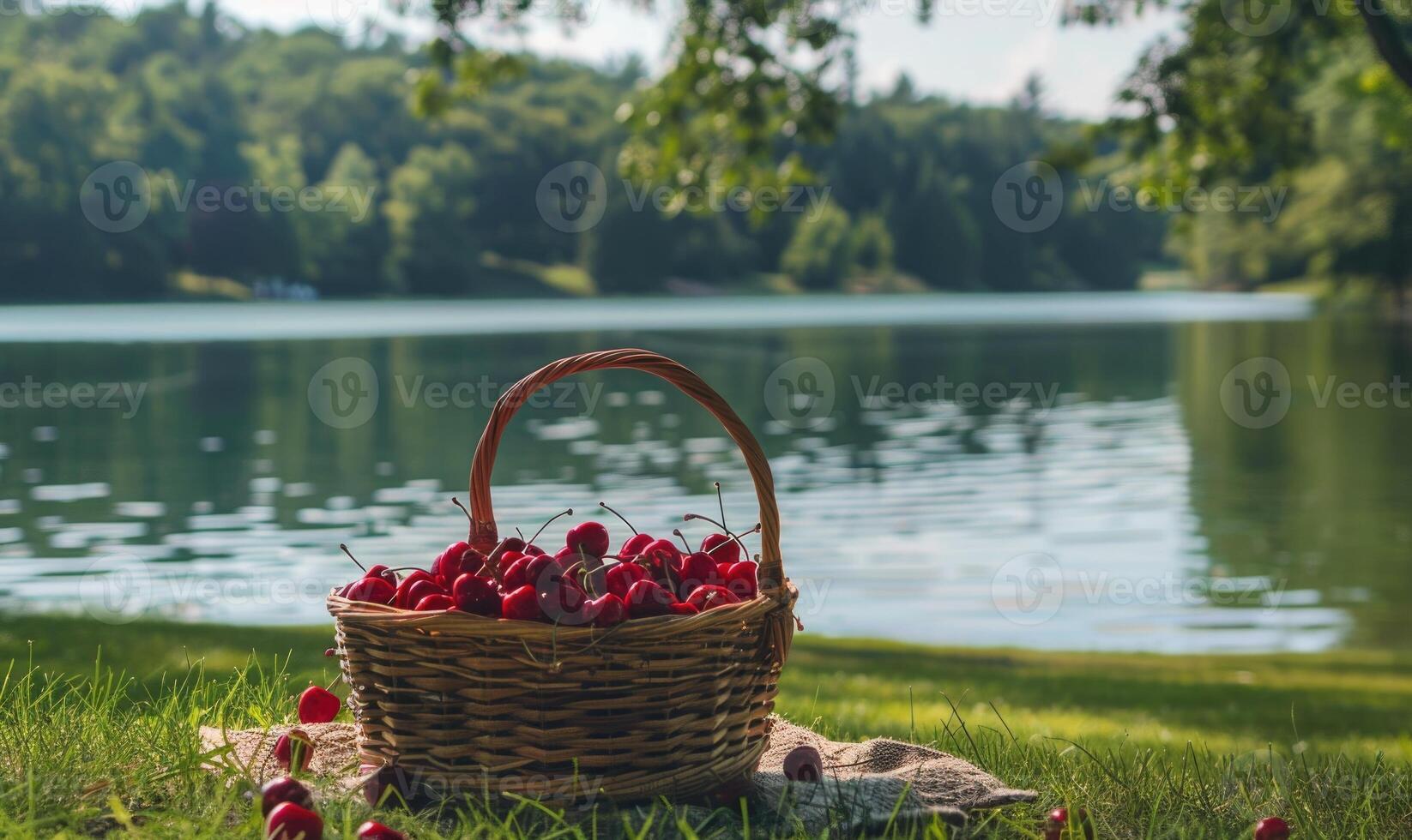 A serene lakeside picnic spot with a basket of ripe cherries photo