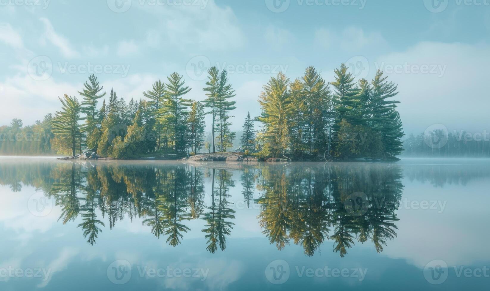 A peaceful lakeside scene with pine trees reflected in the calm waters photo