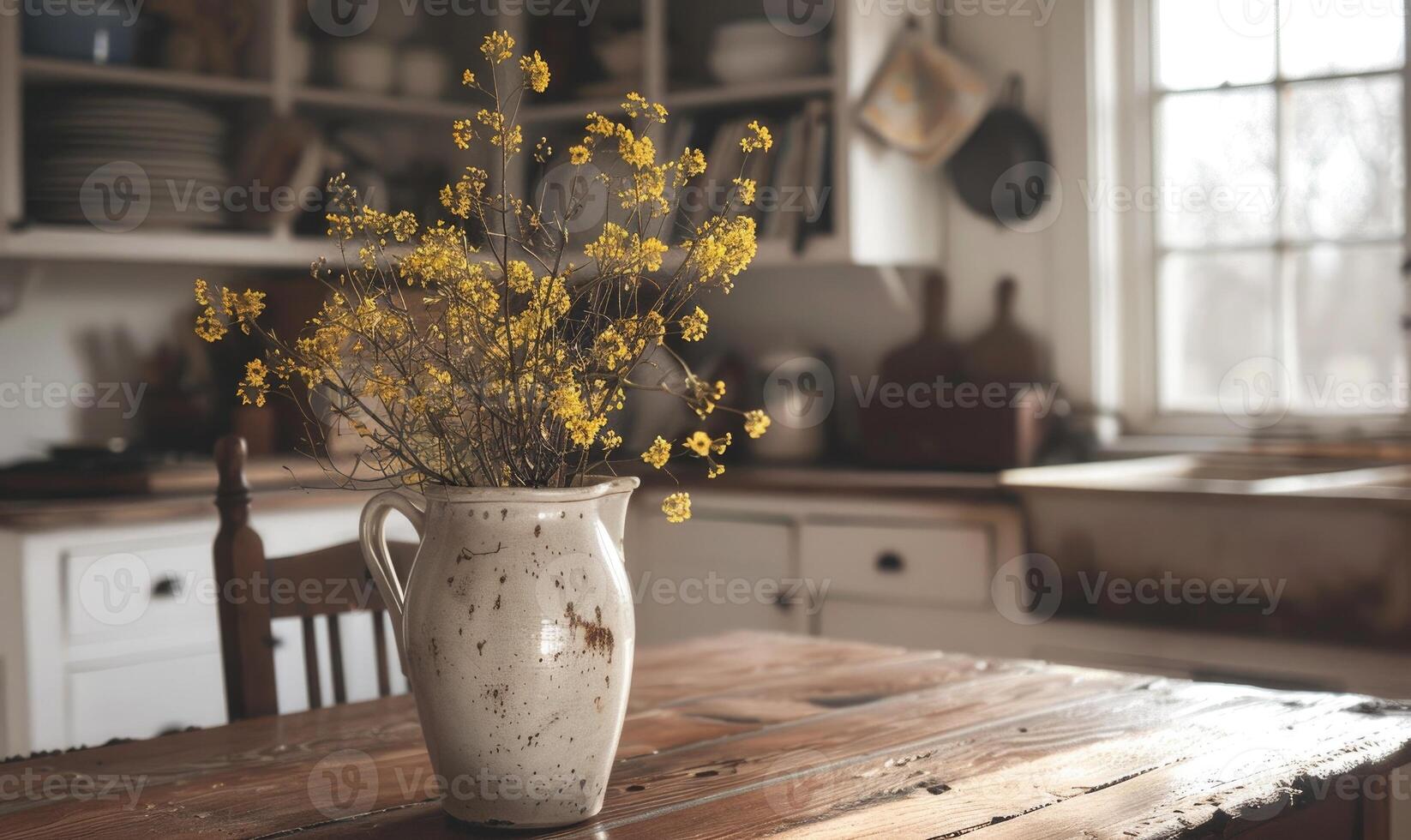 An old farmhouse kitchen with a simple enamel vase with yellow wild flowers photo
