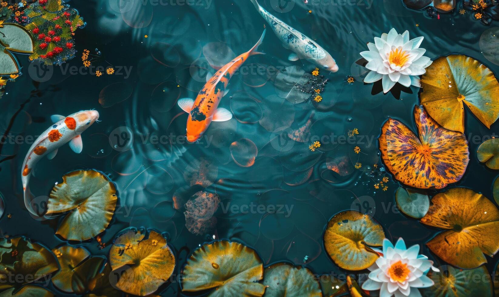 A koi pond with colorful fish swimming among water lilies and floating leaves photo