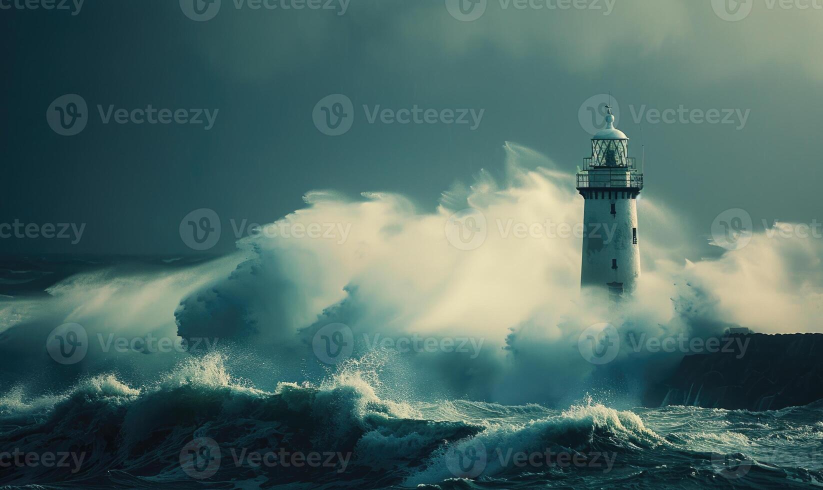 A lighthouse standing tall against the backdrop of a stormy ocean photo