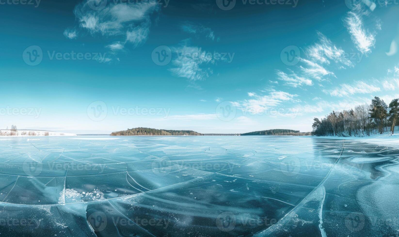 A panoramic view of the frozen lake and bright blue sky, winter nature background photo